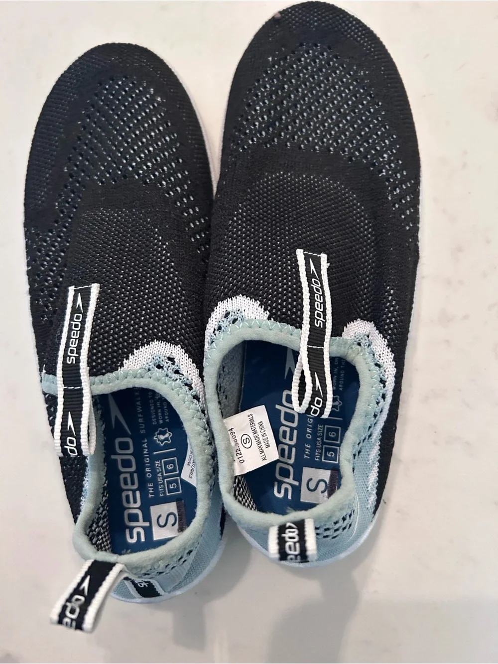 Speedo Black Kids Slip-On Water Shoes with Light Blue Trim